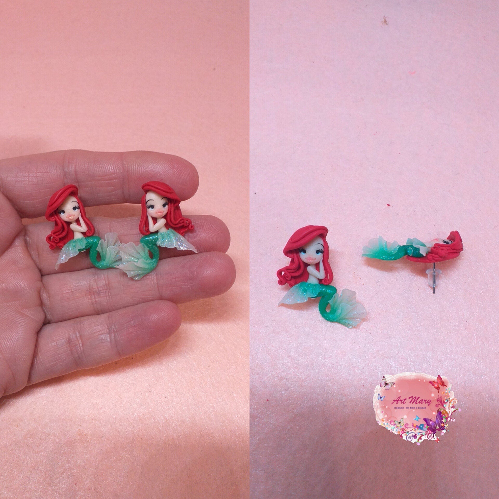 brincos pequena sereia em fimo, argila de polímero