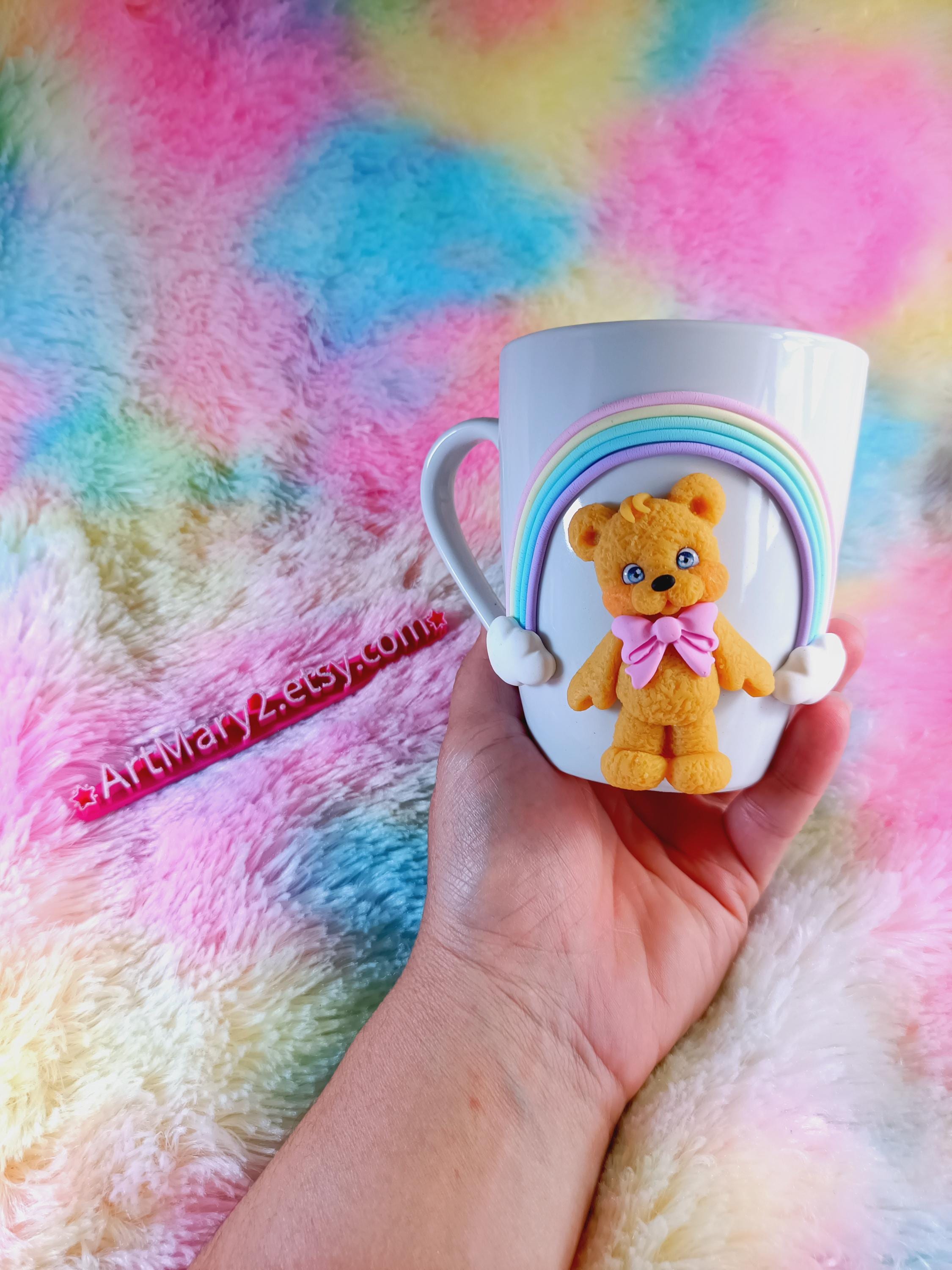 Caneca de ursinho fofinho em fimo, argila polimérica