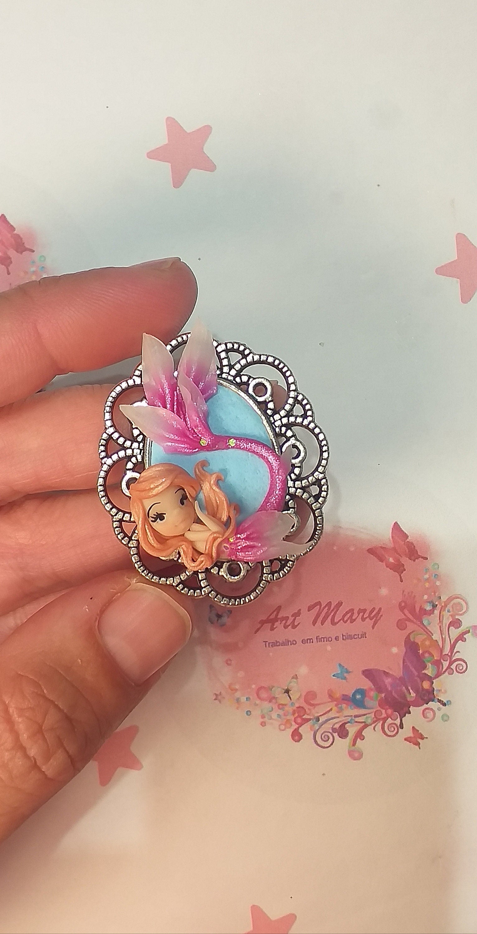 Anel com sereia rosa em fimo, argila polimérica