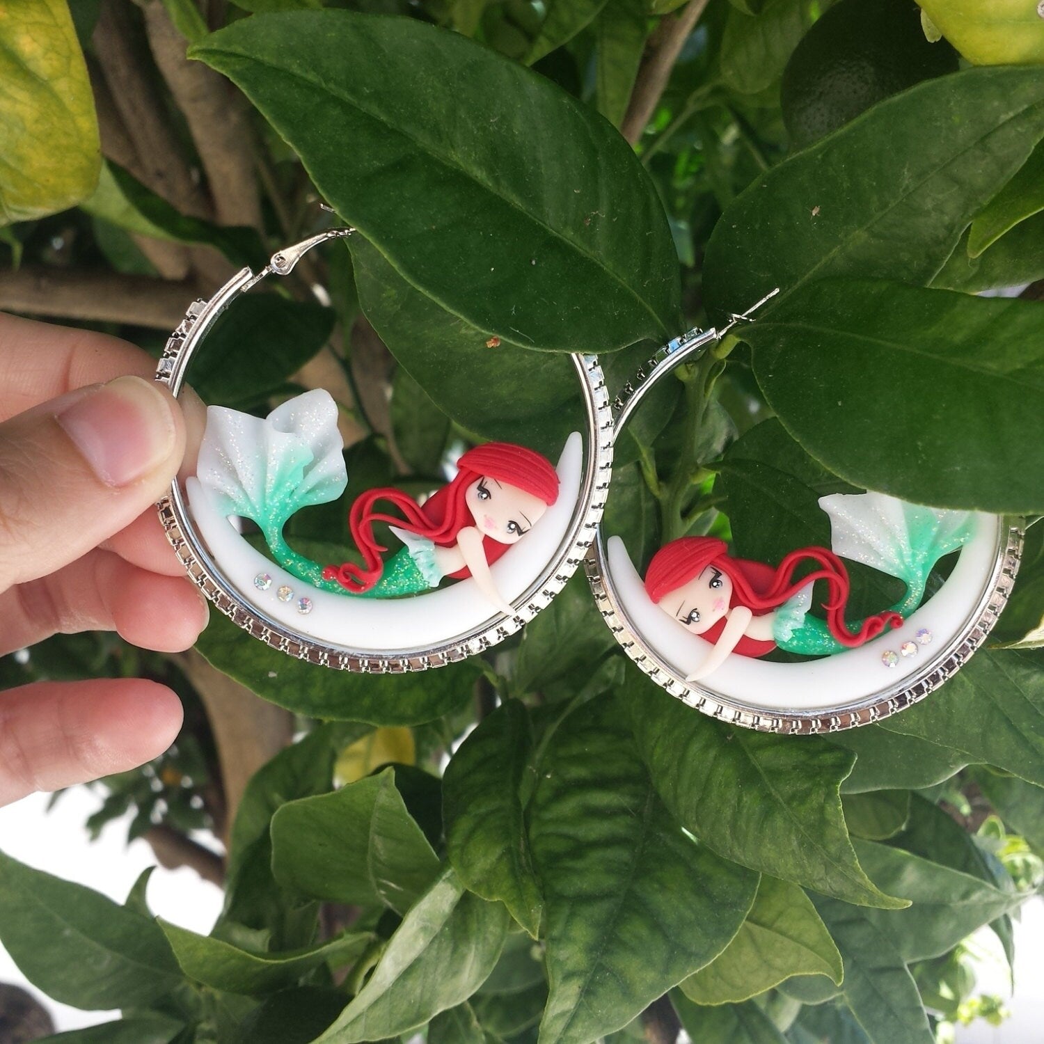 Brincos Pequena Sereia na Lua, fimo, argila polimérica