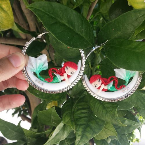 Brincos Pequena Sereia na Lua, fimo, argila polimérica