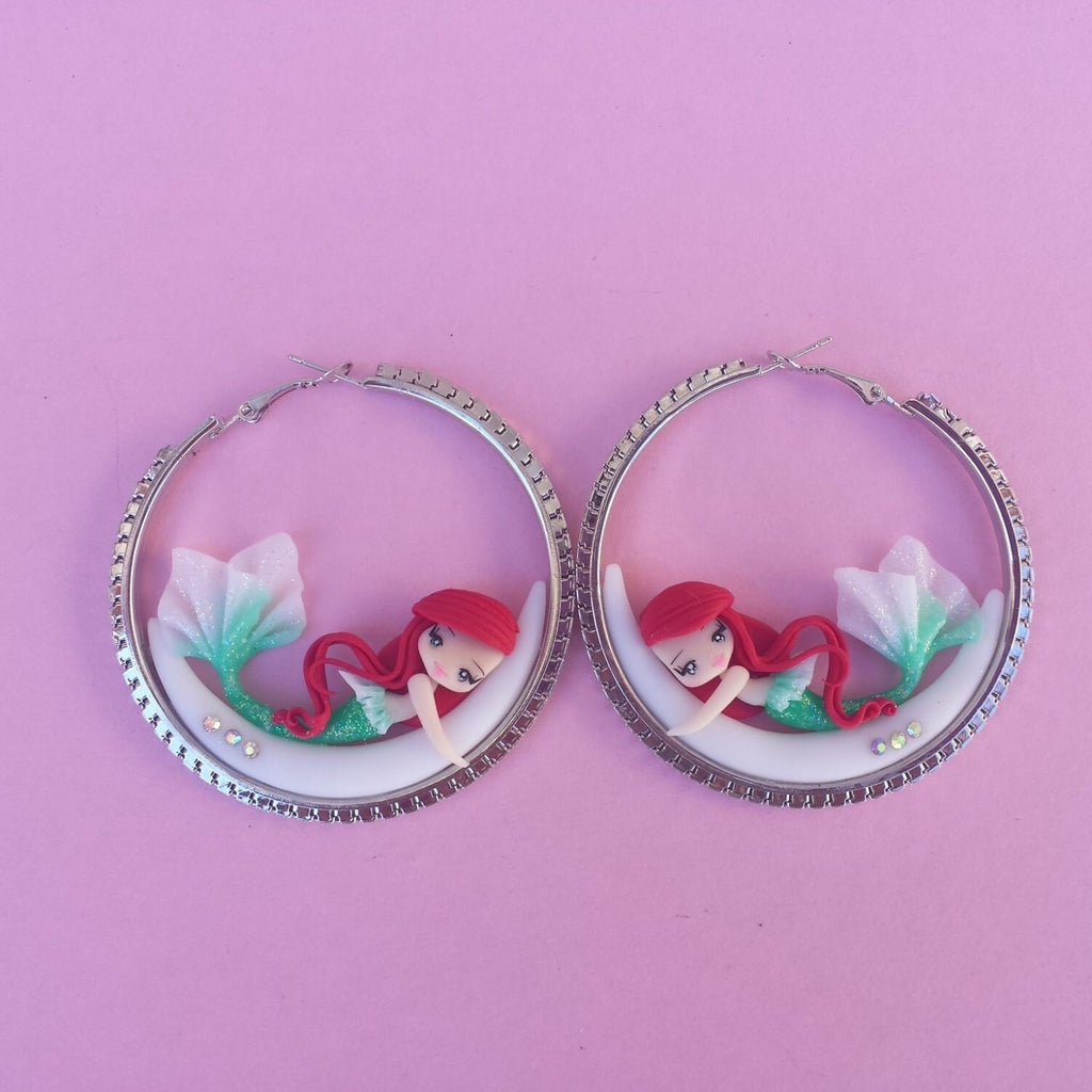 Brincos Pequena Sereia na Lua, fimo, argila polimérica