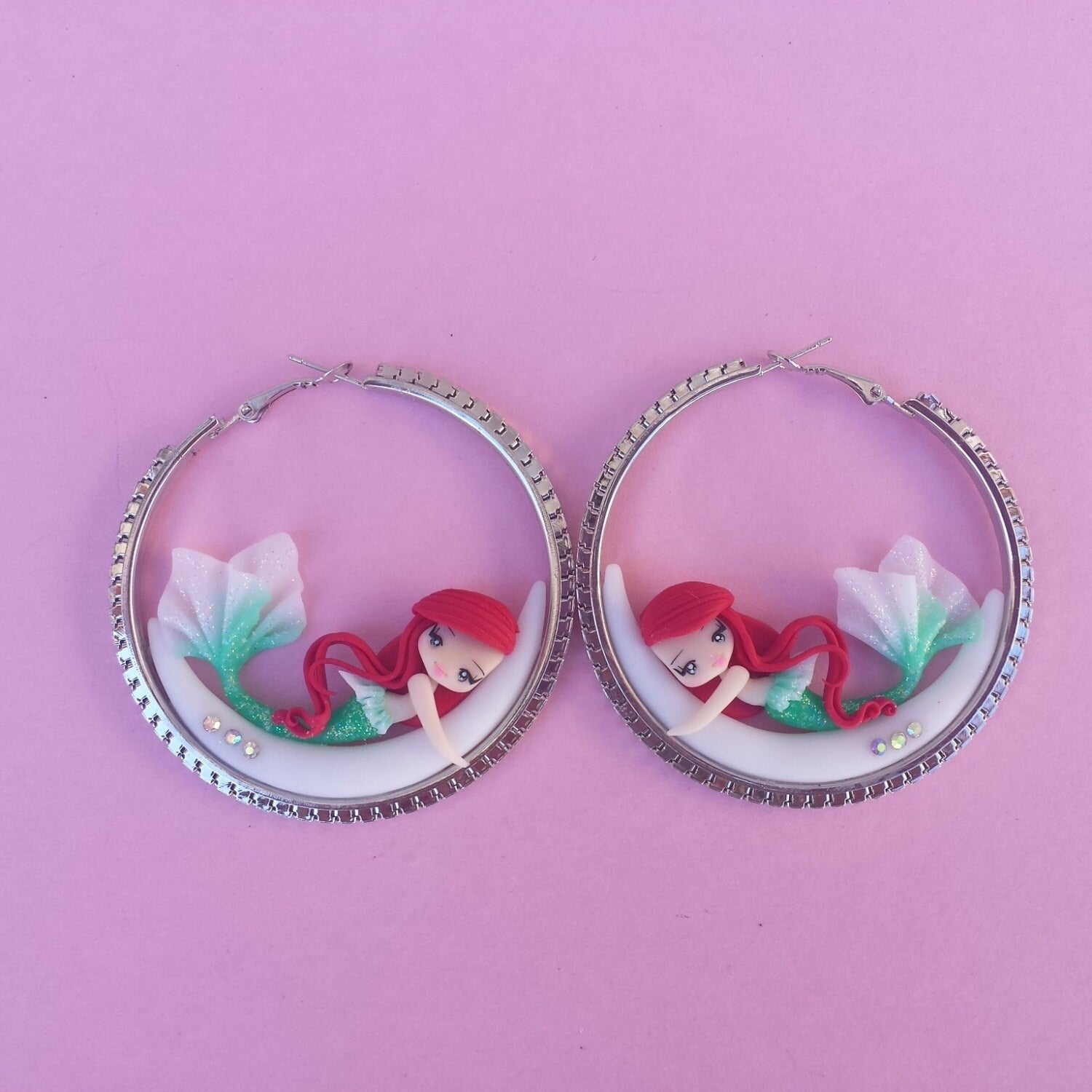 Brincos Pequena Sereia na Lua, fimo, argila polimérica